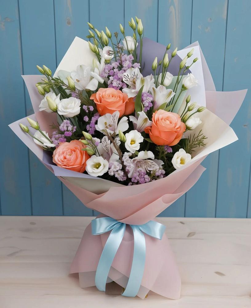 Букет цветов из: Лизиантусы, Розы, Альстромерии и Гипсофила в Копейске