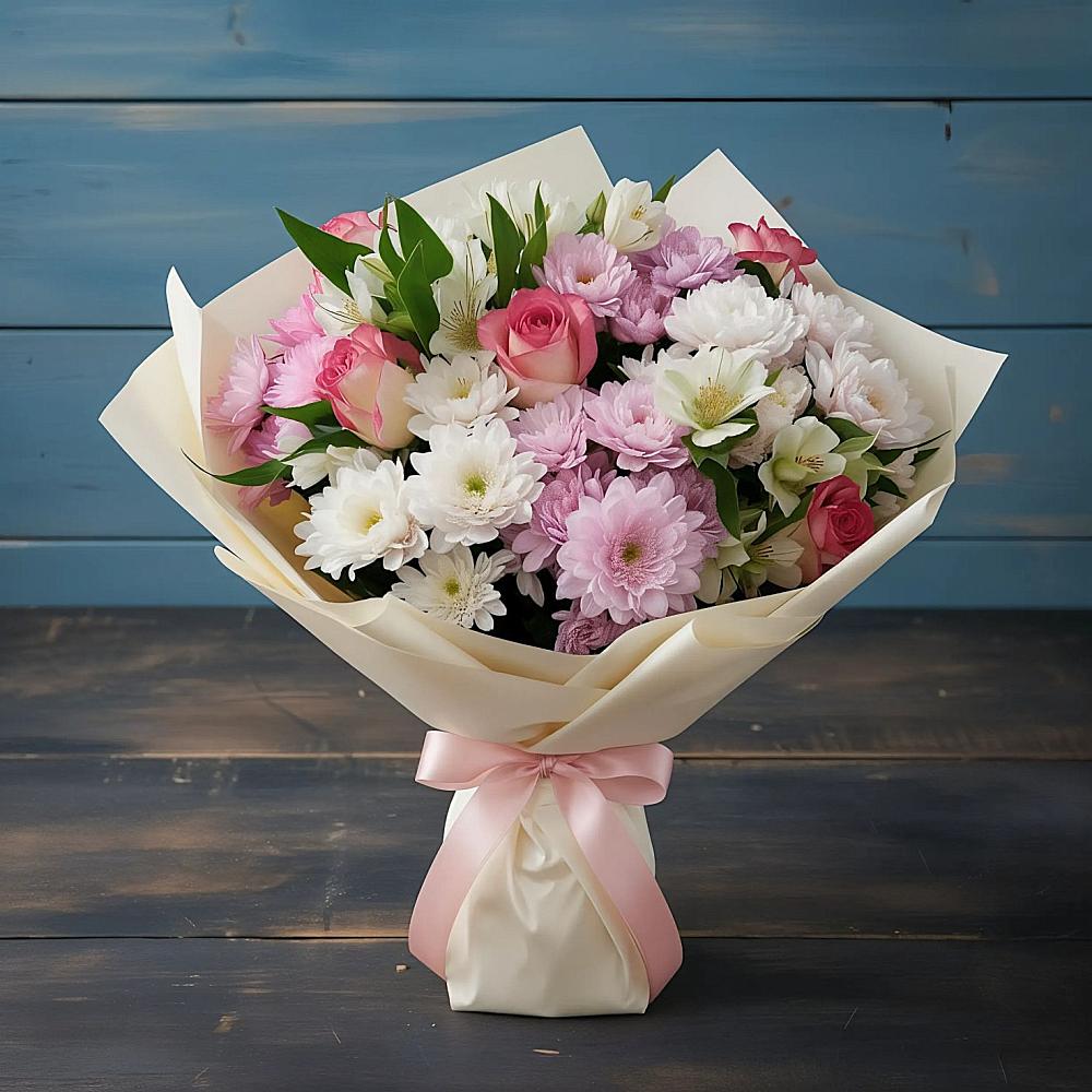 Букет цветов из: Хризантемы, Альстромерии и Розы в Копейске